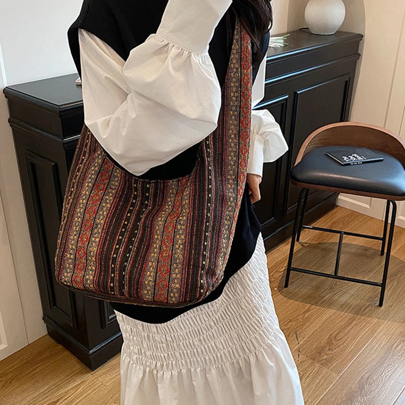 Women's Boho Chic Aztec Tote Bag Ethnic Sling Crossbody Shoulder Purse for Work Travel Lady Knitting Canvas Gypsy Hippie Bag
