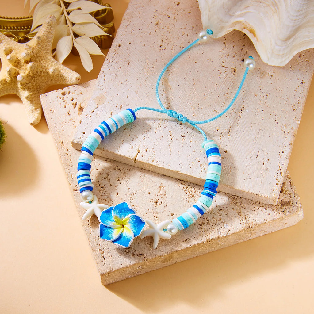 Polymer Clay Flower Starfish Drawstring Bracelet Handmade Braided Accessory Bohemian Beach Vacation Style Holiday Gift