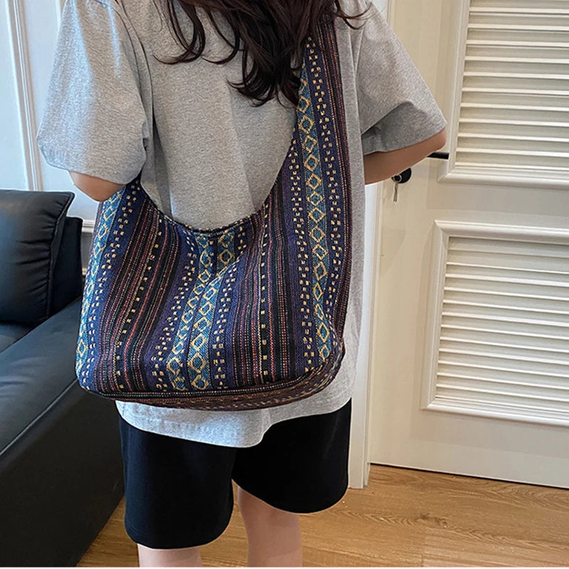 Women's Boho Chic Aztec Tote Bag Ethnic Sling Crossbody Shoulder Purse for Work Travel Lady Knitting Canvas Gypsy Hippie Bag