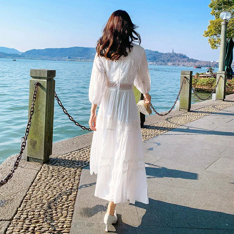 Boho Dress Women Fashion Spring/Summer White Sweet French Bubble Sleeve Beach Long Dress