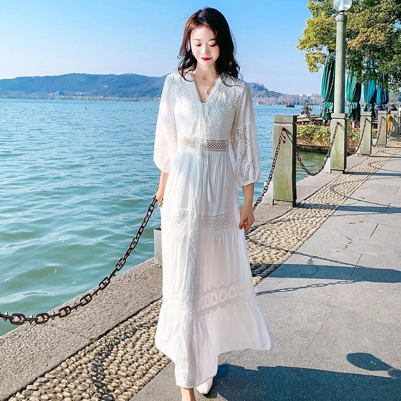 Boho Dress Women Fashion Spring/Summer White Sweet French Bubble Sleeve Beach Long Dress