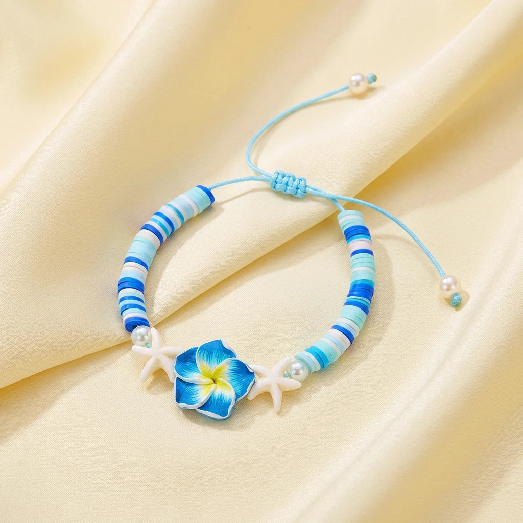 Polymer Clay Flower Starfish Drawstring Bracelet Handmade Braided Accessory Bohemian Beach Vacation Style Holiday Gift