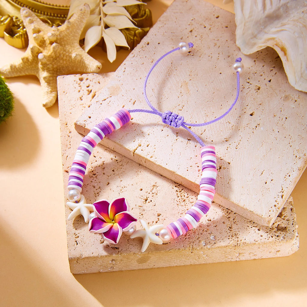 Polymer Clay Flower Starfish Drawstring Bracelet Handmade Braided Accessory Bohemian Beach Vacation Style Holiday Gift