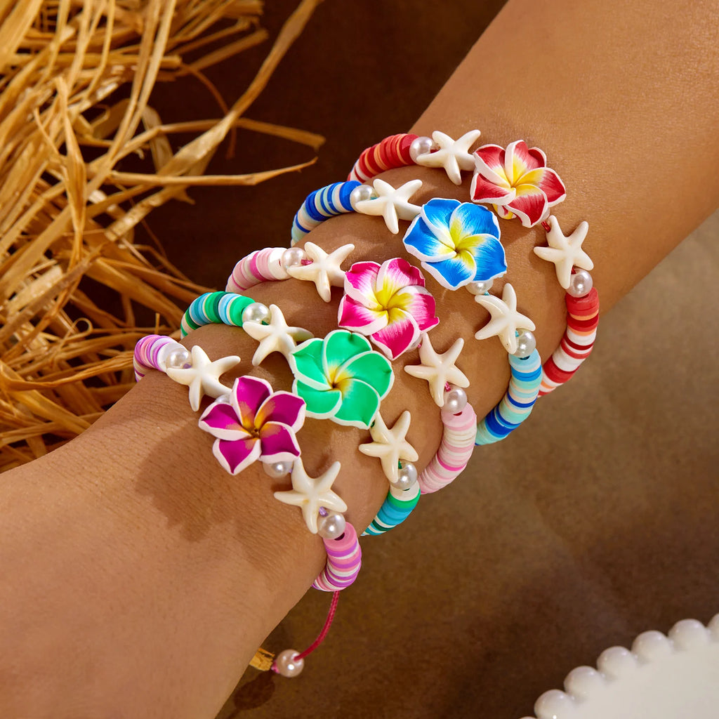 Polymer Clay Flower Starfish Drawstring Bracelet Handmade Braided Accessory Bohemian Beach Vacation Style Holiday Gift