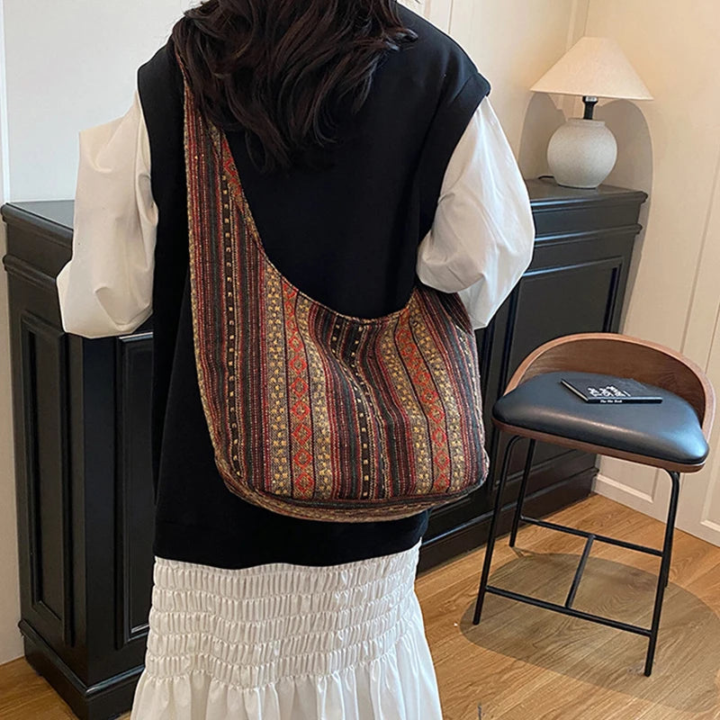 Women's Boho Chic Aztec Tote Bag Ethnic Sling Crossbody Shoulder Purse for Work Travel Lady Knitting Canvas Gypsy Hippie Bag