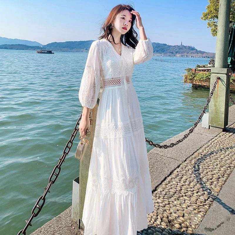 Boho Dress Women Fashion Spring/Summer White Sweet French Bubble Sleeve Beach Long Dress