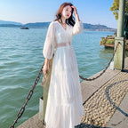 Boho Dress Women Fashion Spring/Summer White Sweet French Bubble Sleeve Beach Long Dress