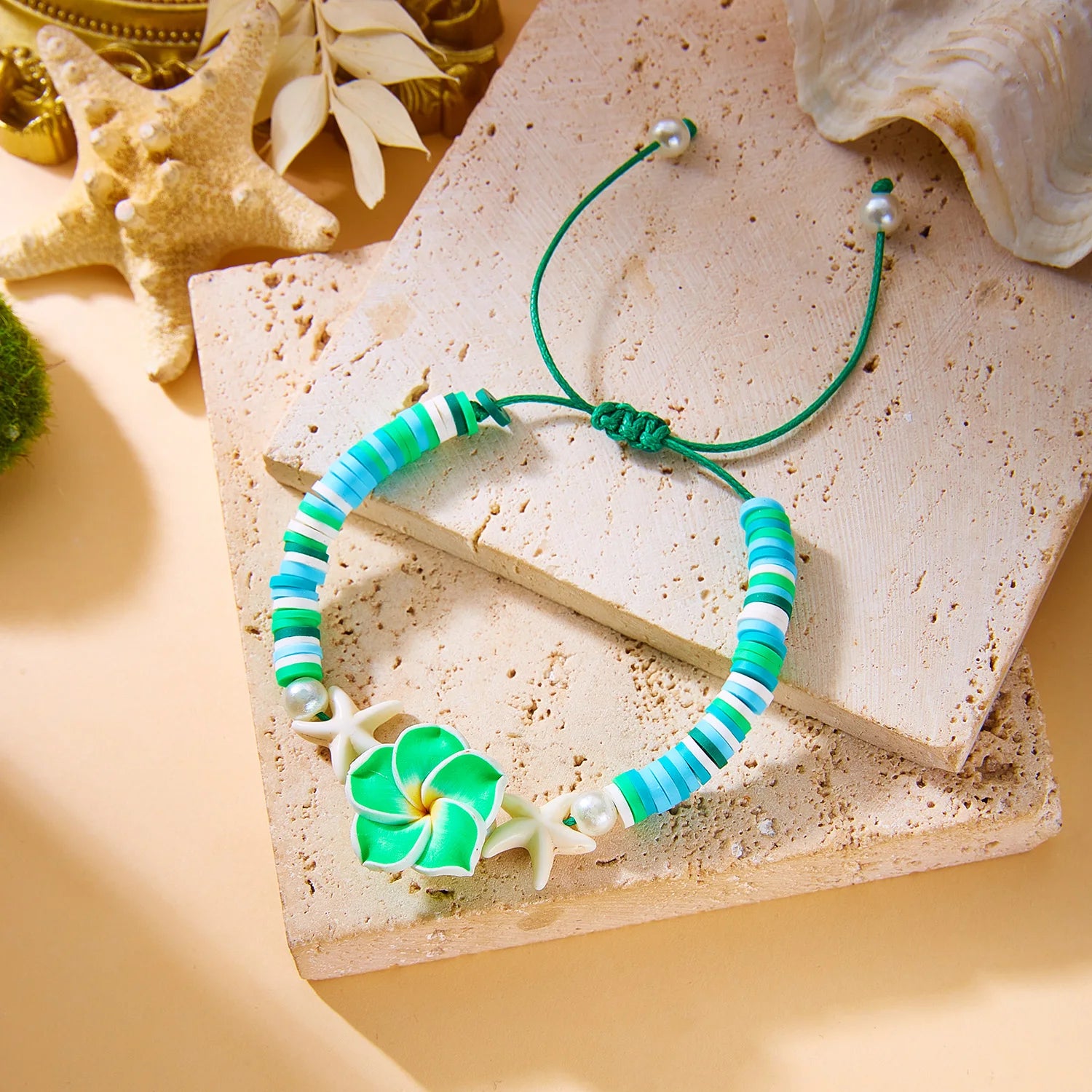 Polymer Clay Flower Starfish Drawstring Bracelet Handmade Braided Accessory Bohemian Beach Vacation Style Holiday Gift