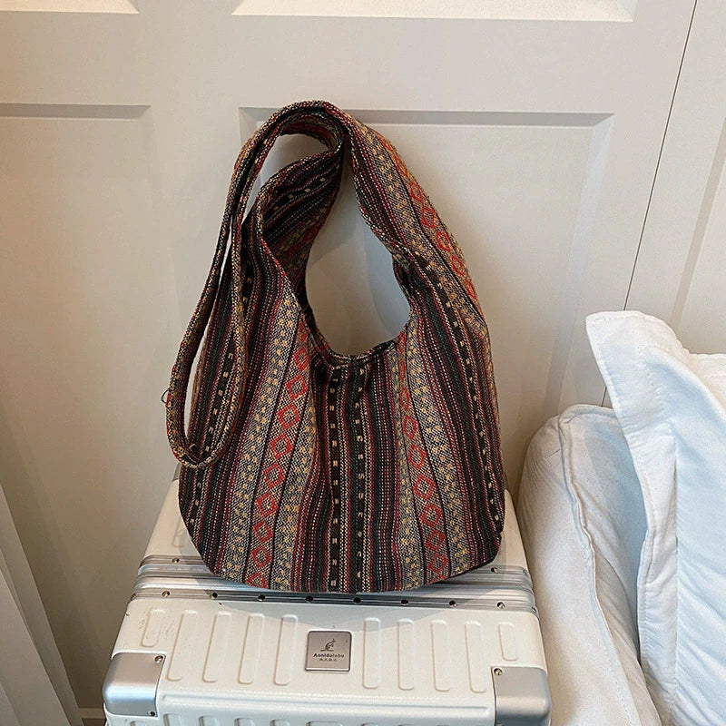 Women's Boho Chic Aztec Tote Bag Ethnic Sling Crossbody Shoulder Purse for Work Travel Lady Knitting Canvas Gypsy Hippie Bag