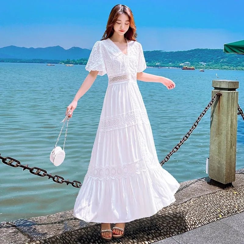 Boho Dress Women Fashion Spring/Summer White Sweet French Bubble Sleeve Beach Long Dress