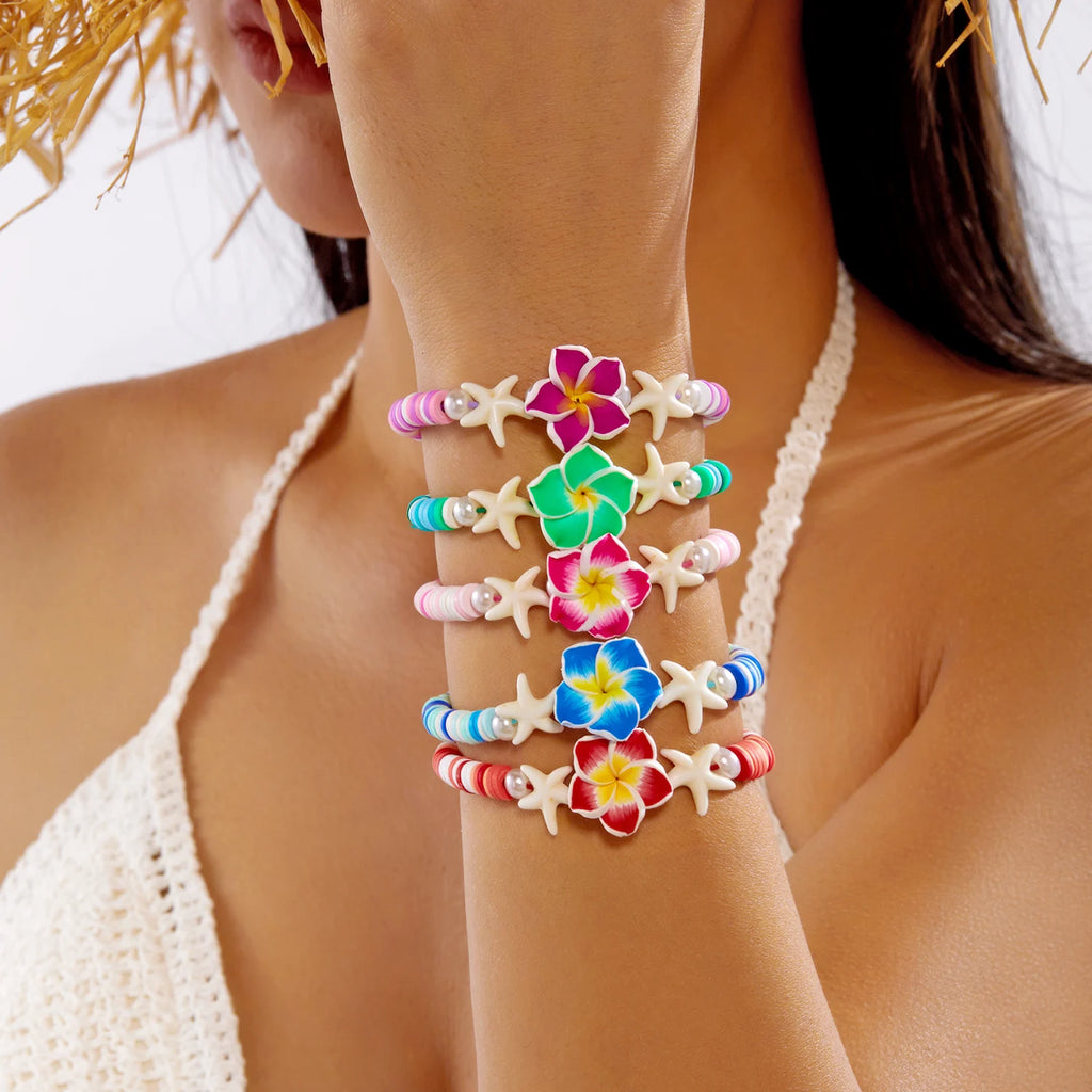 Polymer Clay Flower Starfish Drawstring Bracelet Handmade Braided Accessory Bohemian Beach Vacation Style Holiday Gift