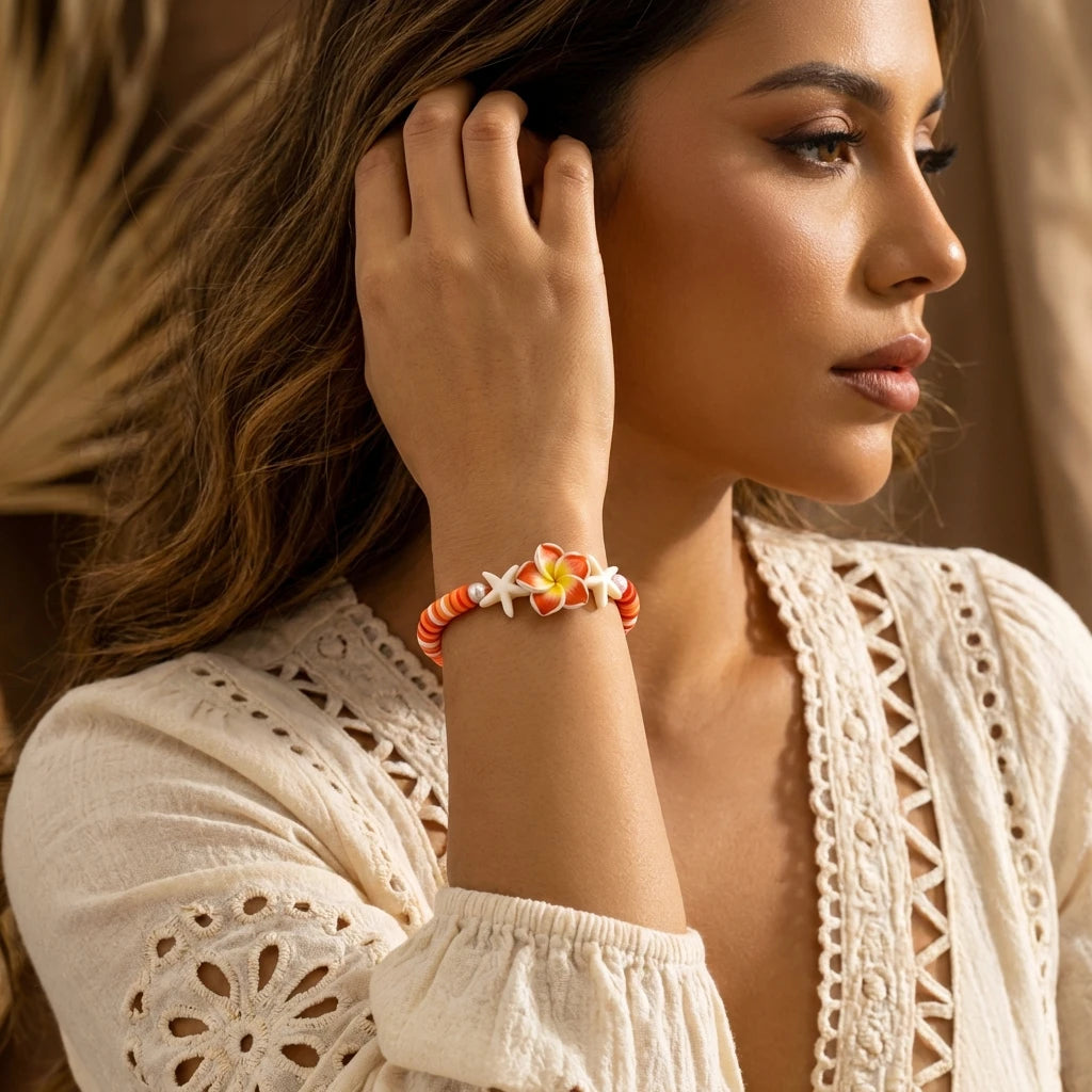 Polymer Clay Flower Starfish Drawstring Bracelet Handmade Braided Accessory Bohemian Beach Vacation Style Holiday Gift