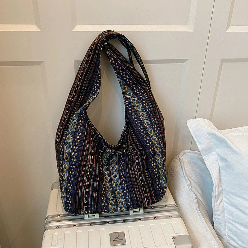 Women's Boho Chic Aztec Tote Bag Ethnic Sling Crossbody Shoulder Purse for Work Travel Lady Knitting Canvas Gypsy Hippie Bag