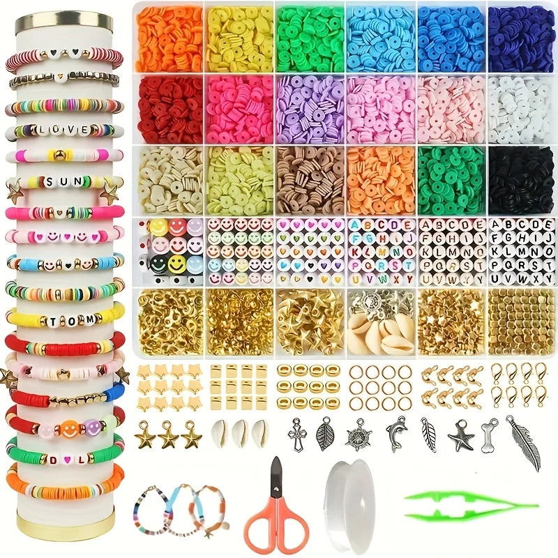 ‌3100Pcs Ultimate Bracelet Making Kit with Polymer Clay Beads, Charms & Elastic Cord | Includes Scissors,  Storage Box | Non-Tox