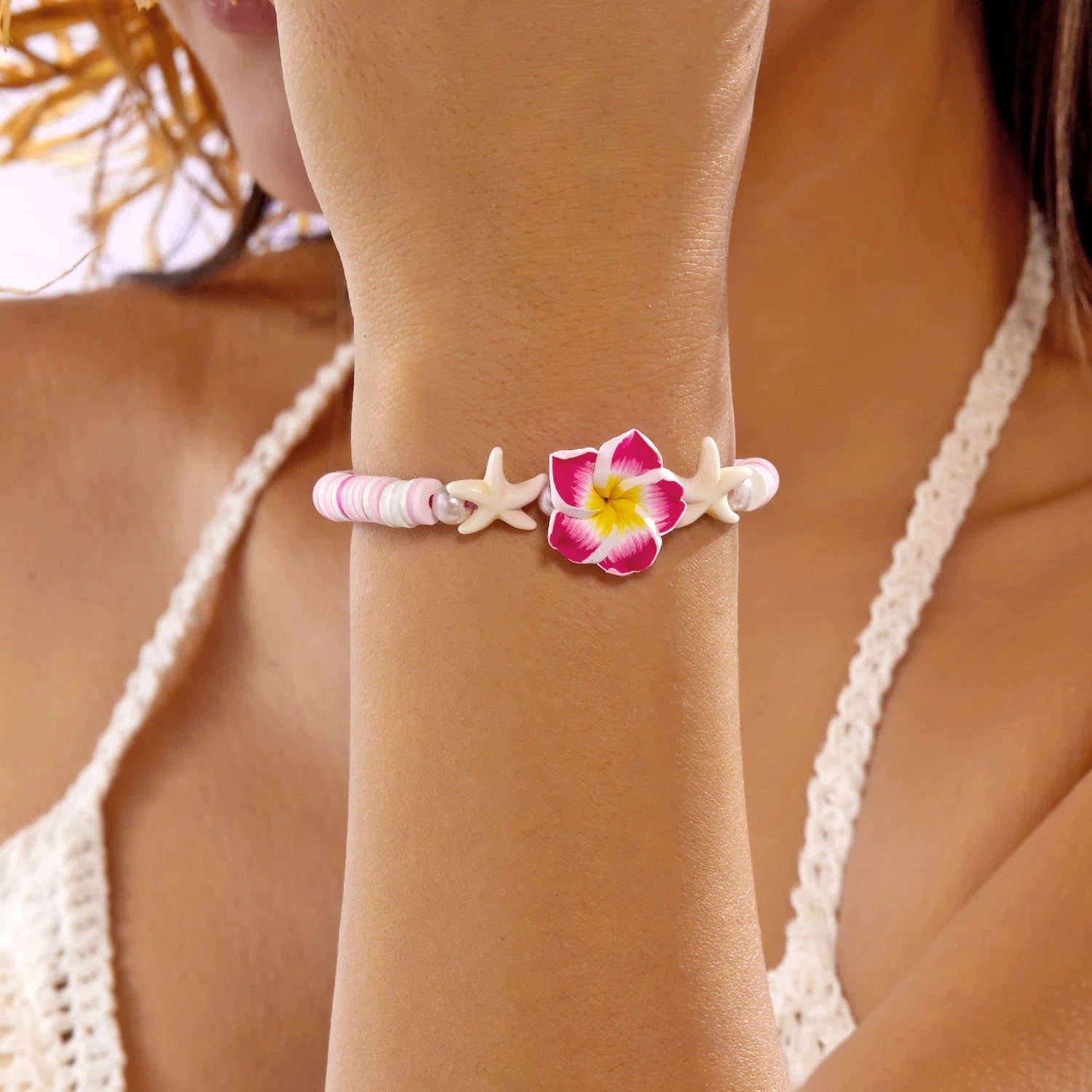 Polymer Clay Flower Starfish Drawstring Bracelet Handmade Braided Accessory Bohemian Beach Vacation Style Holiday Gift